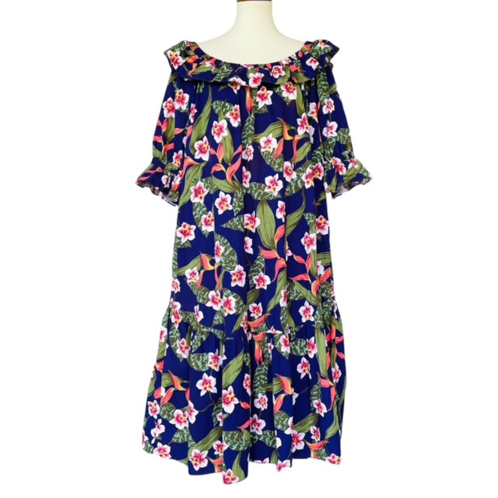 Vtg Tori Richard Hawaiian Muumuu Dress Sz L Purple Floral Ruffle Midi Pockets